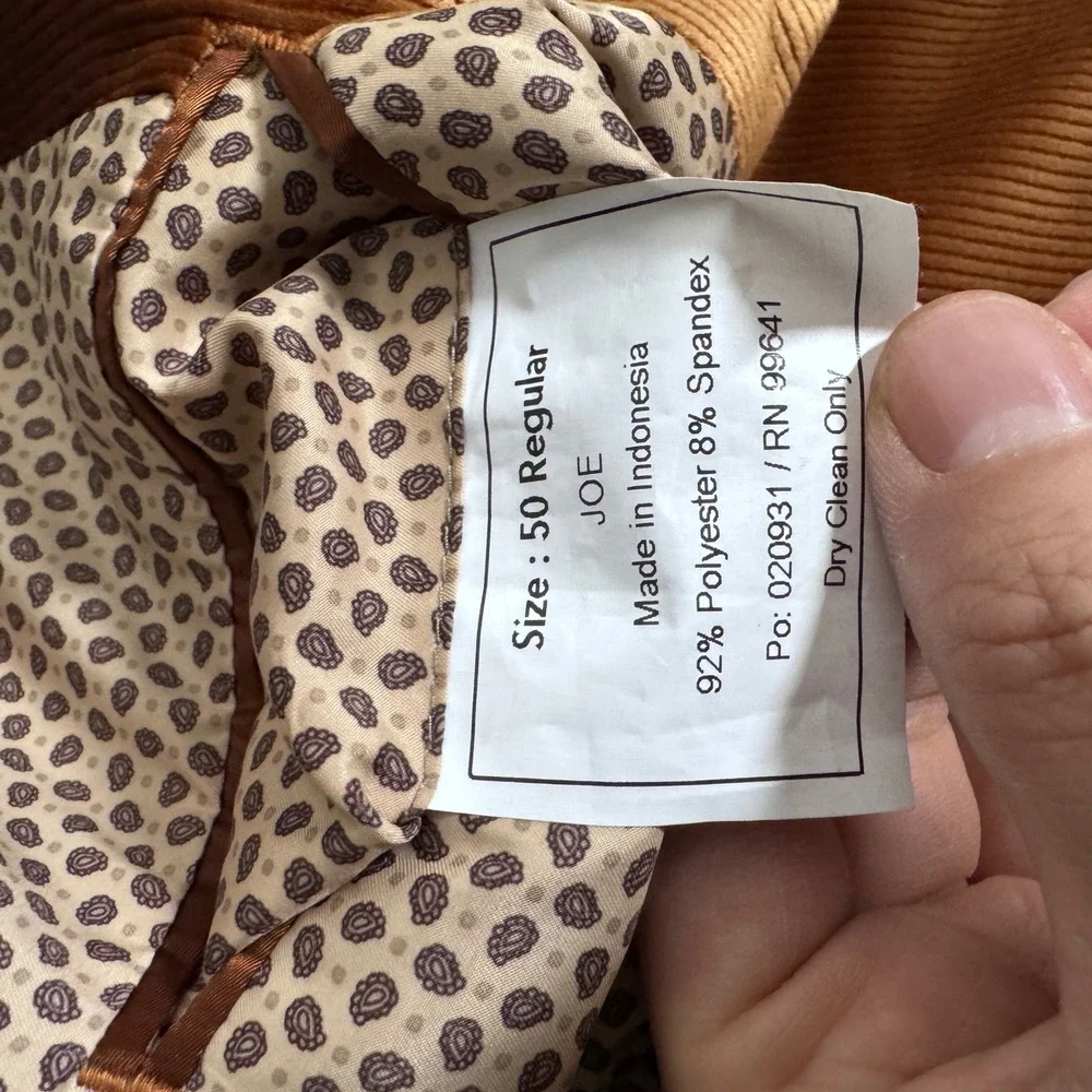 JOE Joseph Abboud‎ Blazer Mens 50R Brown Corduroy Velvet Notch Lapel Sport Coat